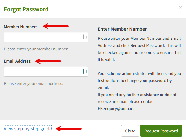 Forgot Password form requesting member number and email address