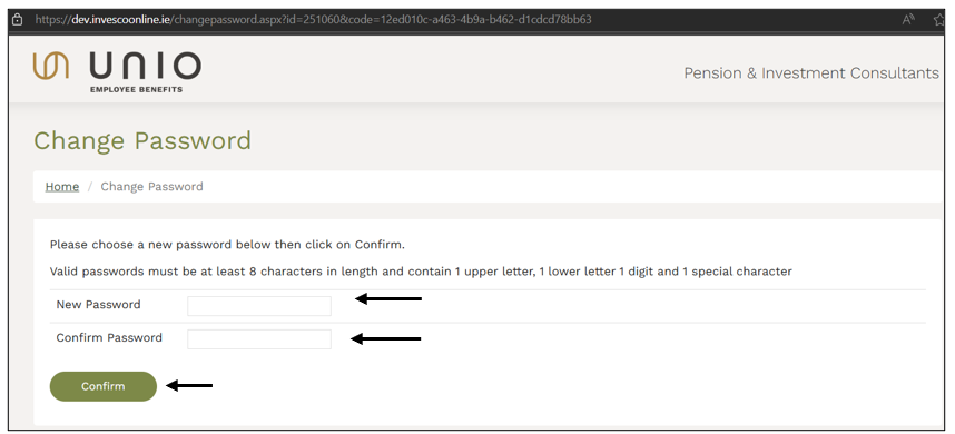 Form for creating a new password